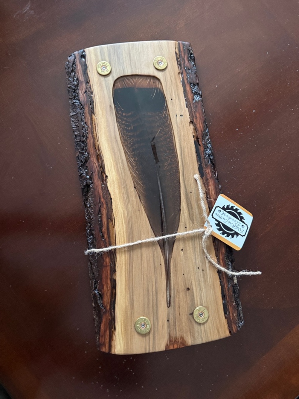 Live-Edge Wooden Charcuterie Board with Embedded Turkey Feather with stand